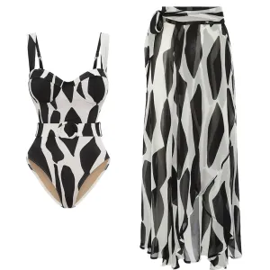 Abstract Print Monokini With Sarong Set