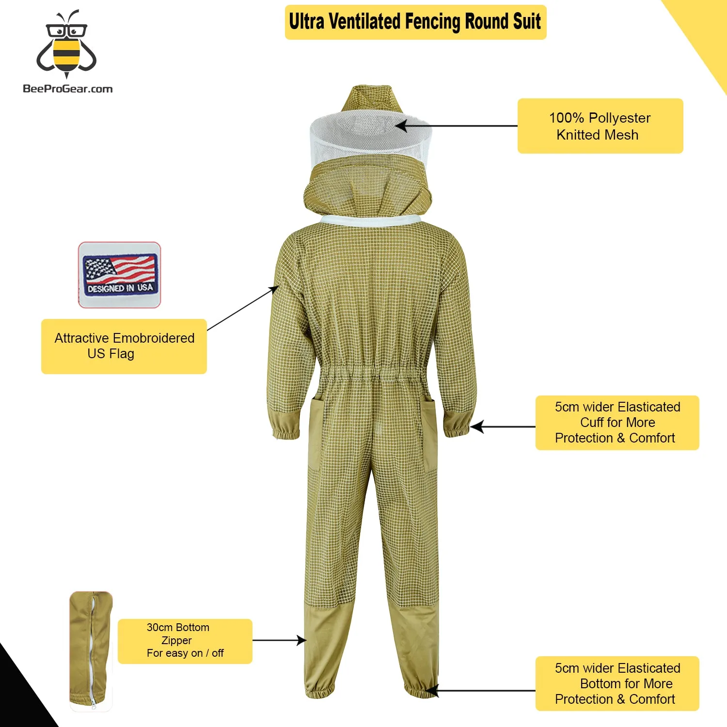 Advanced 3-Layer Ultra Ventilated Beekeeping Pilot Suit with Round Veil | Breathable Sting-Proof Protection | Khaki