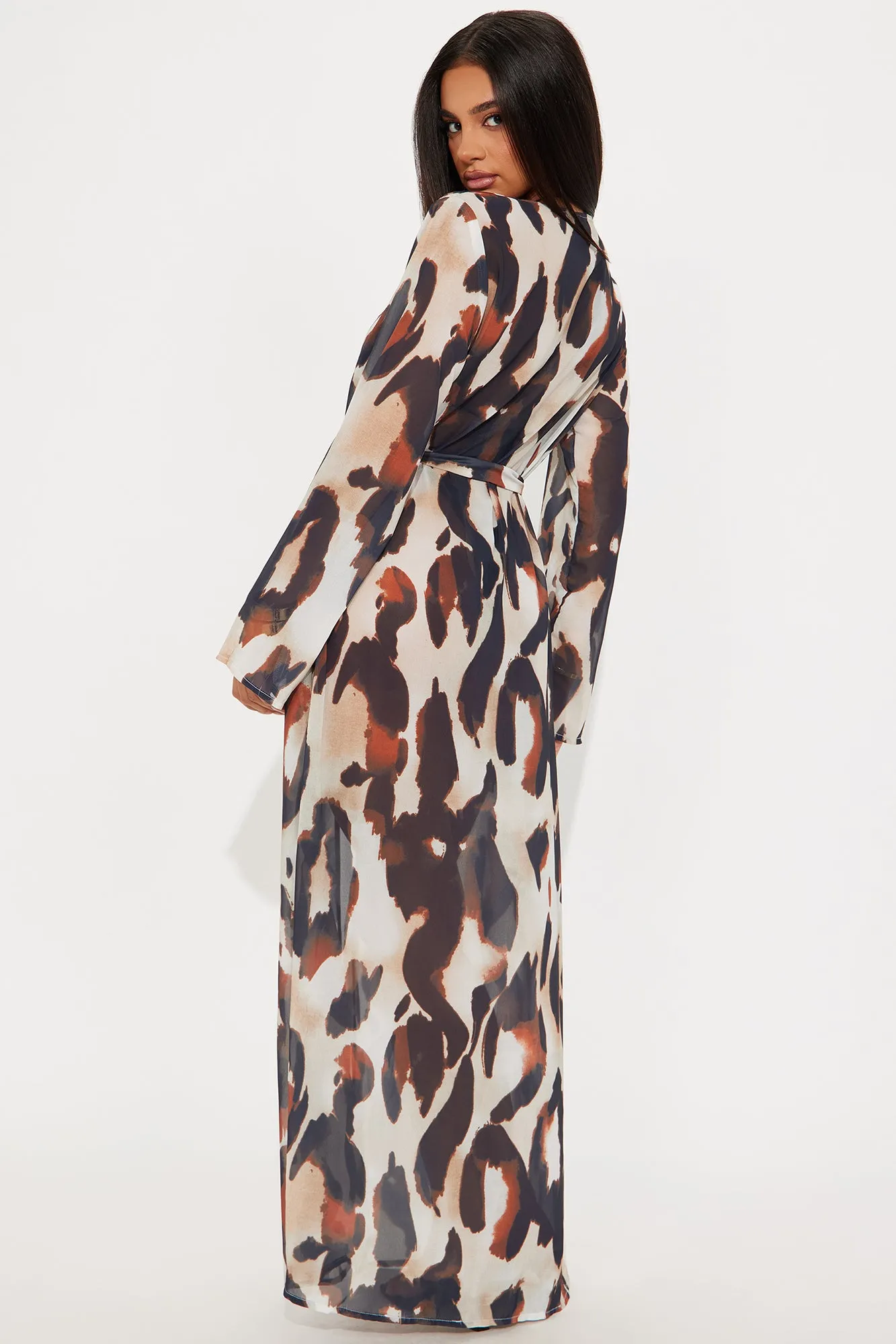 Alisha Sheer Chiffon Maxi Cover Up Kimono - Brown/combo
