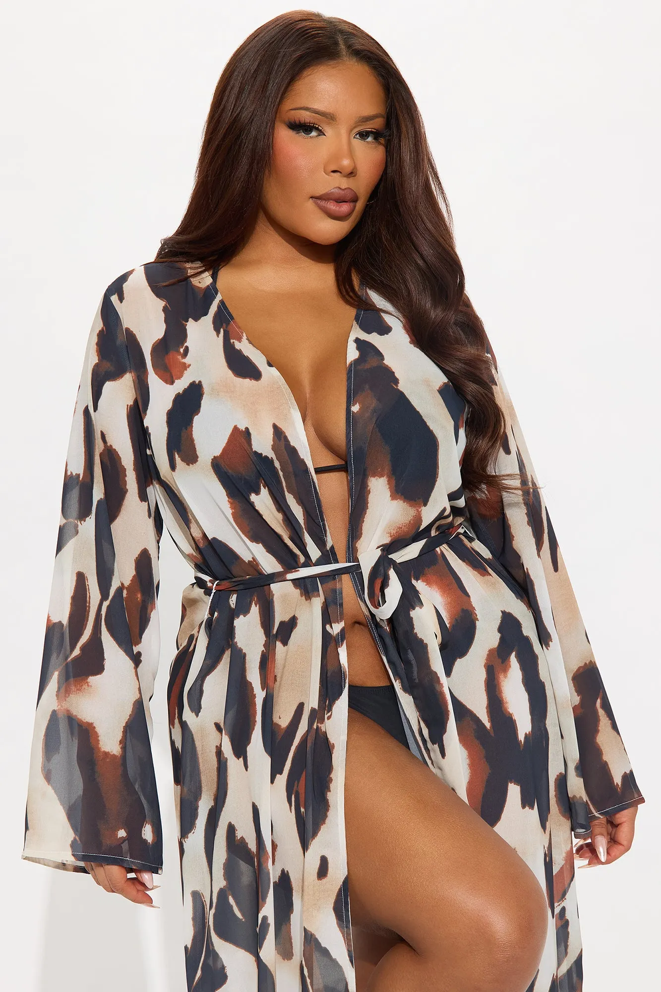 Alisha Sheer Chiffon Maxi Cover Up Kimono - Brown/combo