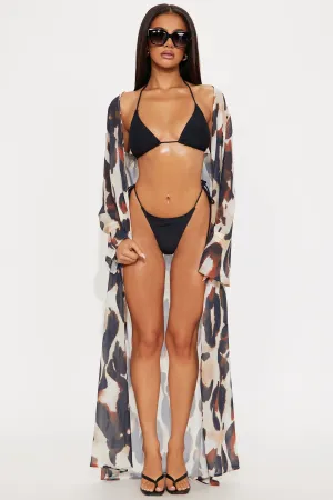 Alisha Sheer Chiffon Maxi Cover Up Kimono - Brown/combo