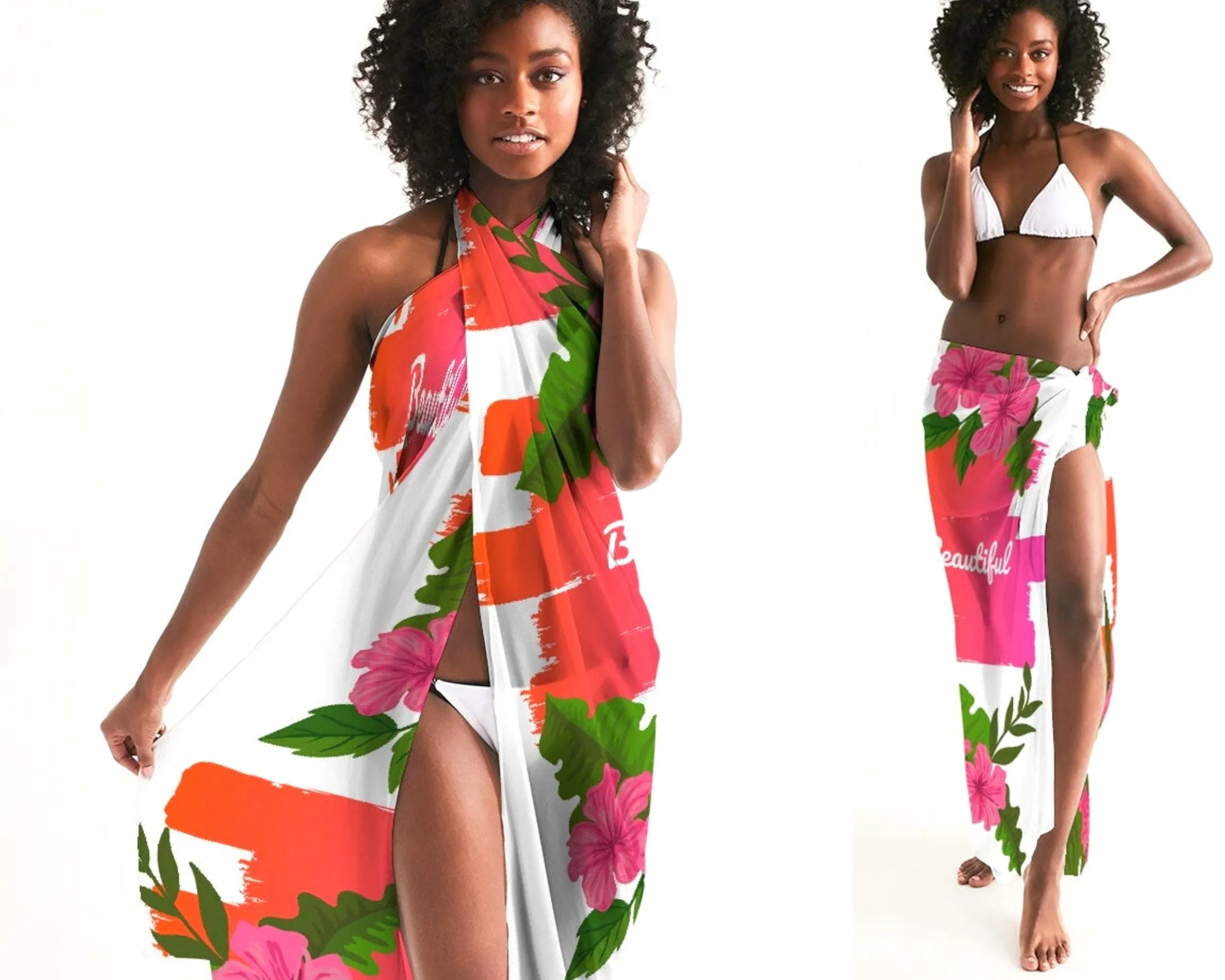 Beautiful Graphic Print Pink Hibiscus Swimsuit Cover-up