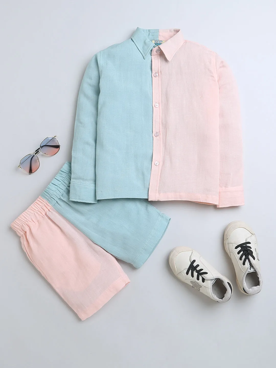 Blue-Peach Linen Shirt & Shorts Co-ord set