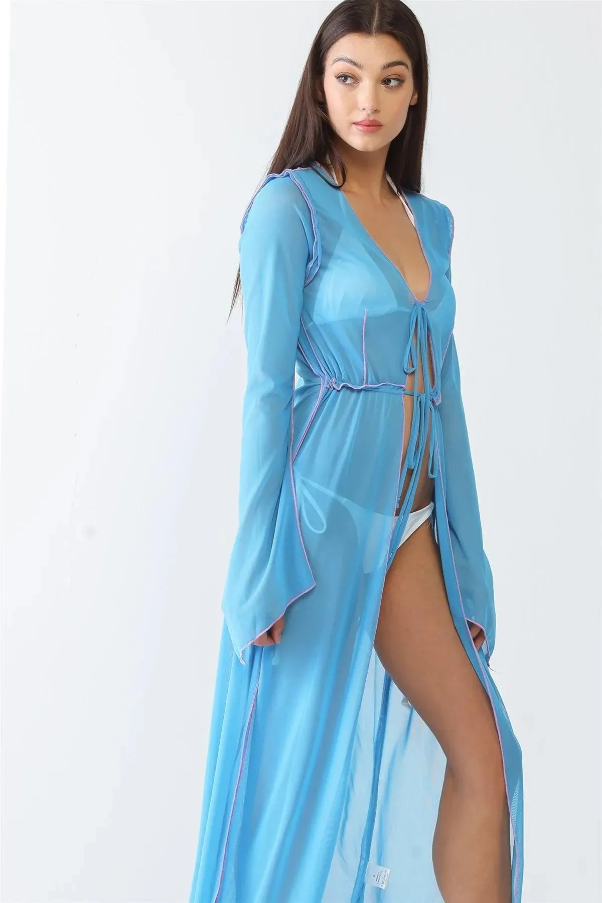 Blue Sheer Open Front Maxi Kimono Coverup
