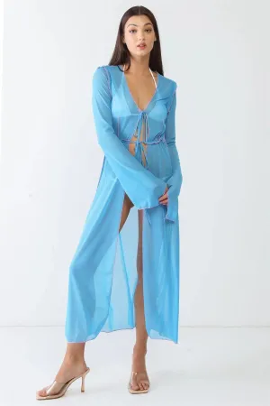 Blue Sheer Open Front Maxi Kimono Coverup