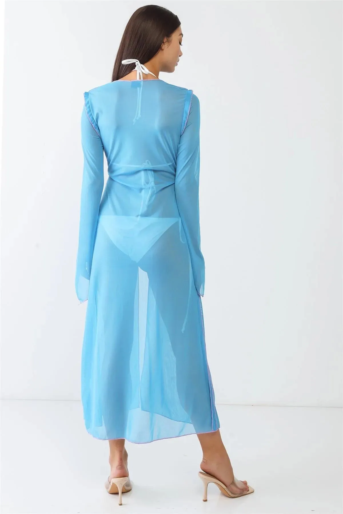 Blue Sheer Open Front Maxi Kimono Coverup