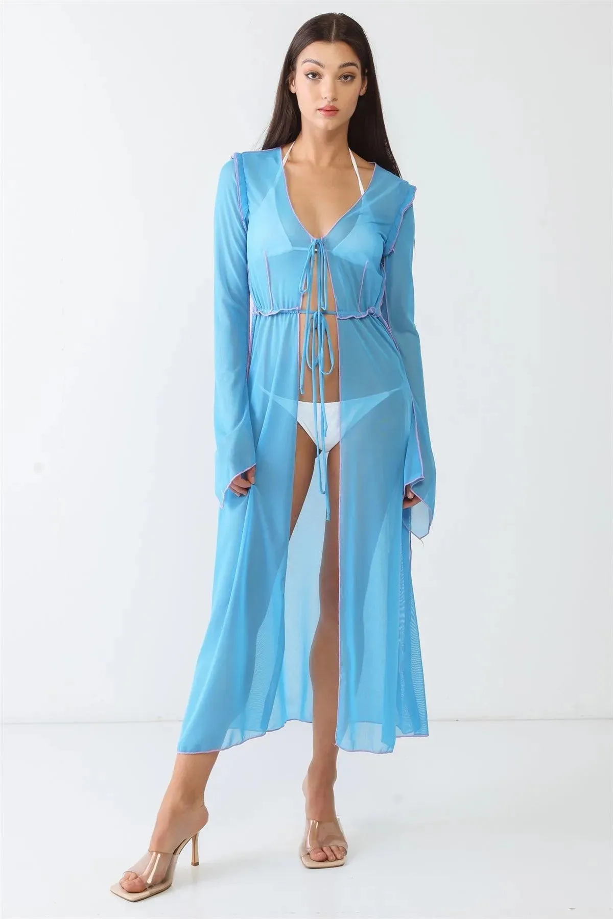 Blue Sheer Open Front Maxi Kimono Coverup