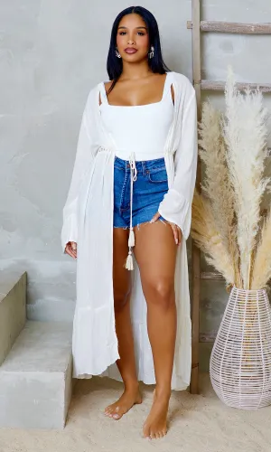 Coastal Breeze Tie-Front |  Long Sleeve Cardigan Cover-up - White FINAL SALE