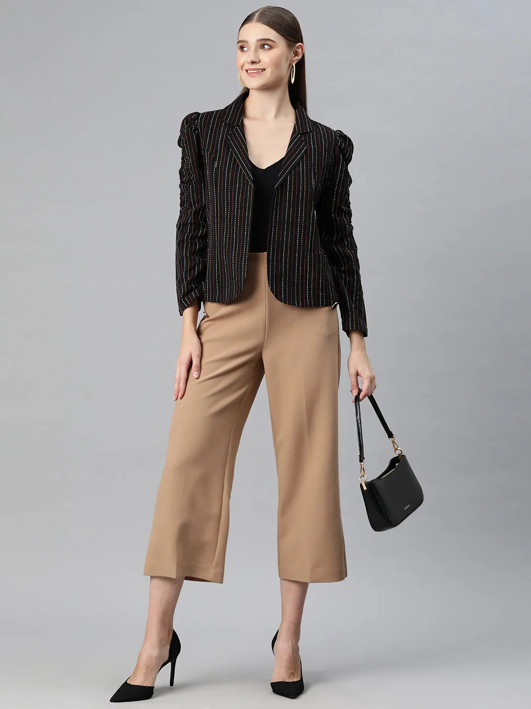 Cottinfab Women Striped Open Front Jacket with Embroidered Detail