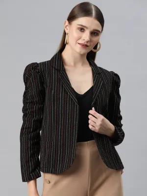 Cottinfab Women Striped Open Front Jacket with Embroidered Detail