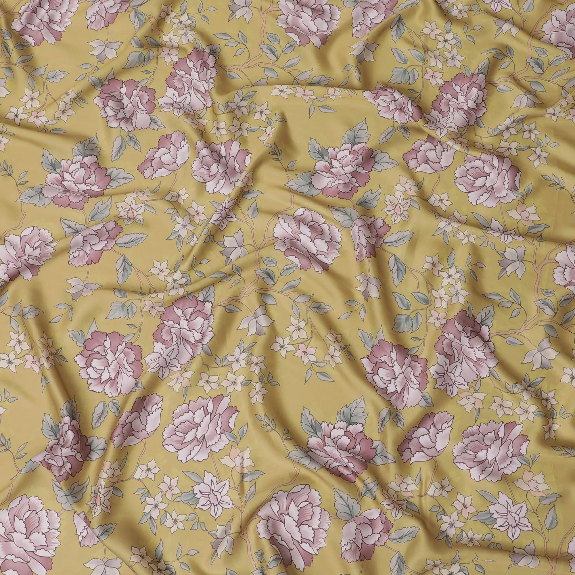 Dandelion Yellow synthetic crepe fabric with multicolor print in floral design-D15670