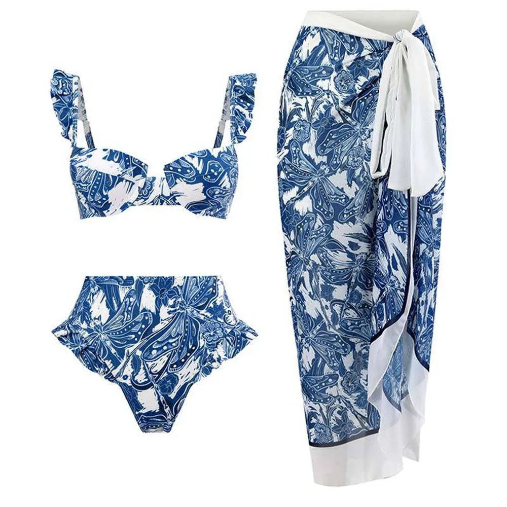 Elegant Dragonfly Print High Waist Underwire Brazilian Three Piece Bikini Swimsuit