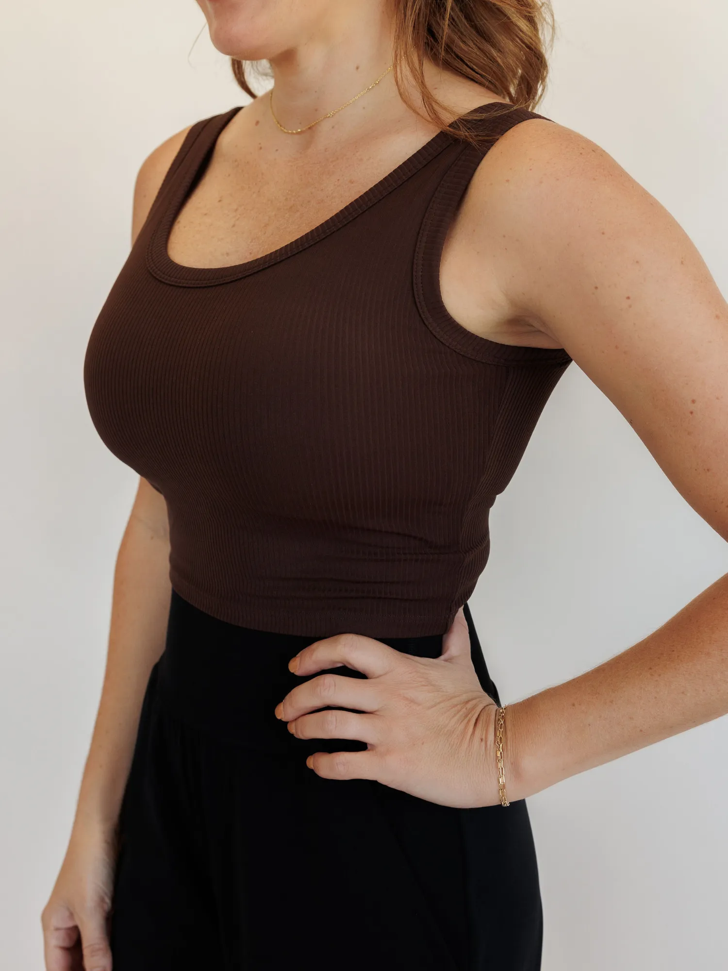 Espresso "Molly" Modal Ribbed Fixed Pads Supportive Cropped Tank