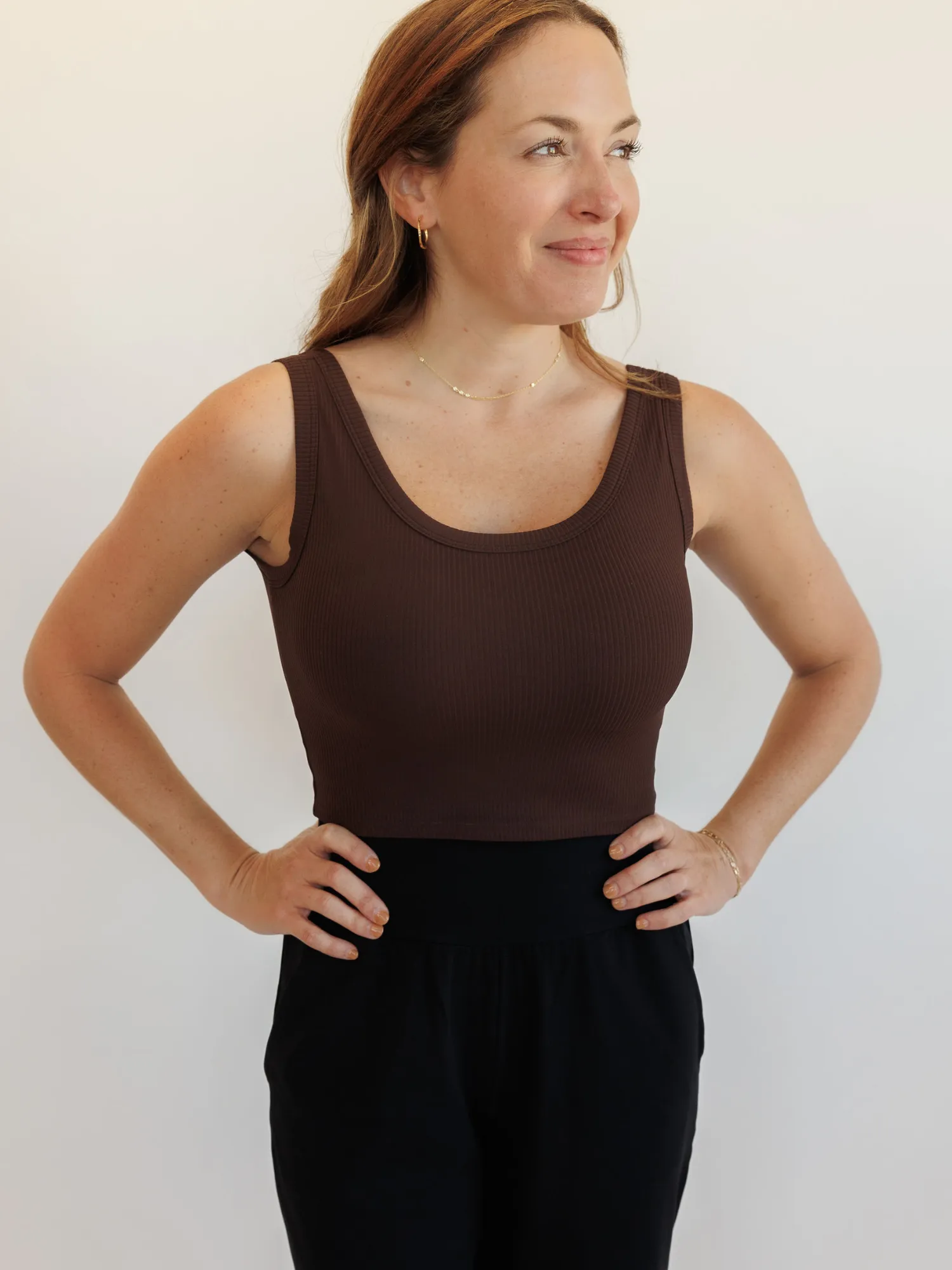 Espresso "Molly" Modal Ribbed Fixed Pads Supportive Cropped Tank