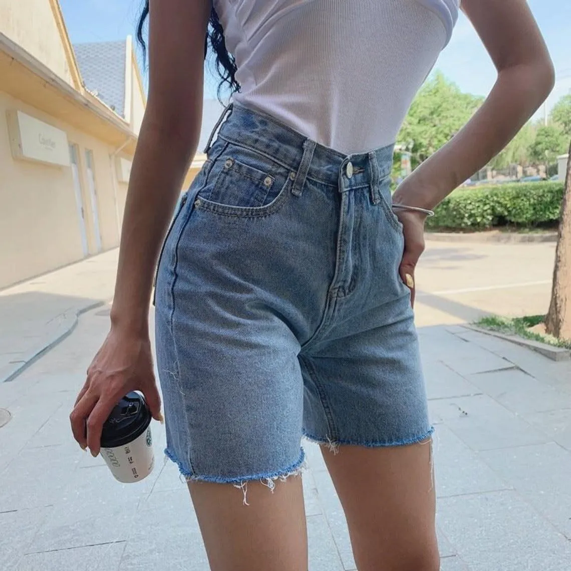 Five-point Tight High Waisted Long Denim Shorts