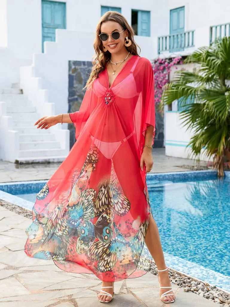 Flower Print Plus Size Kaftan Swimsuit Cover Up