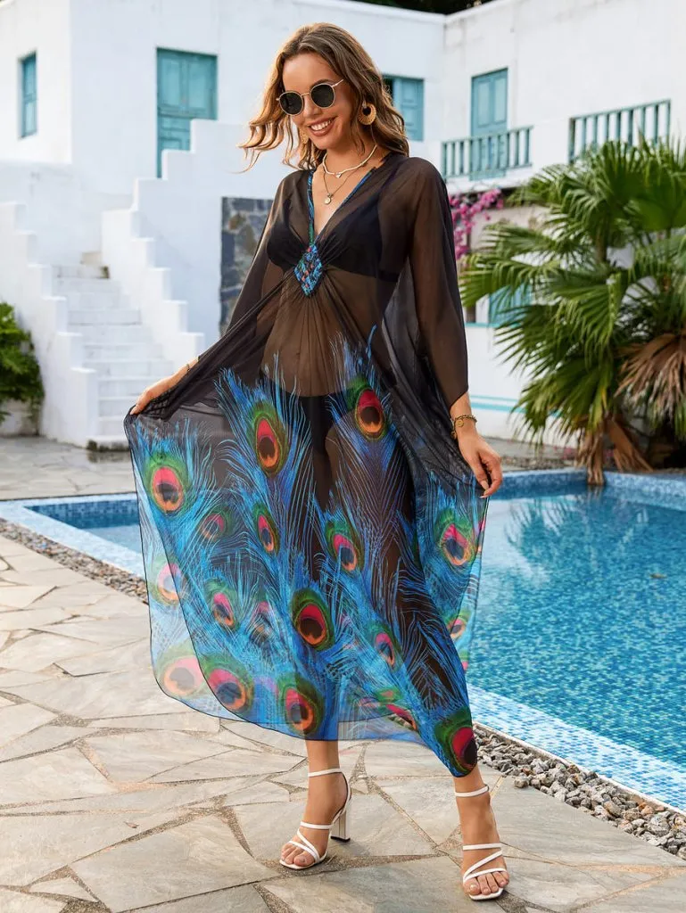 Flower Print Plus Size Kaftan Swimsuit Cover Up