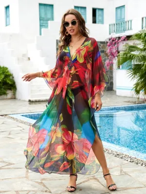 Flower Print Plus Size Kaftan Swimsuit Cover Up