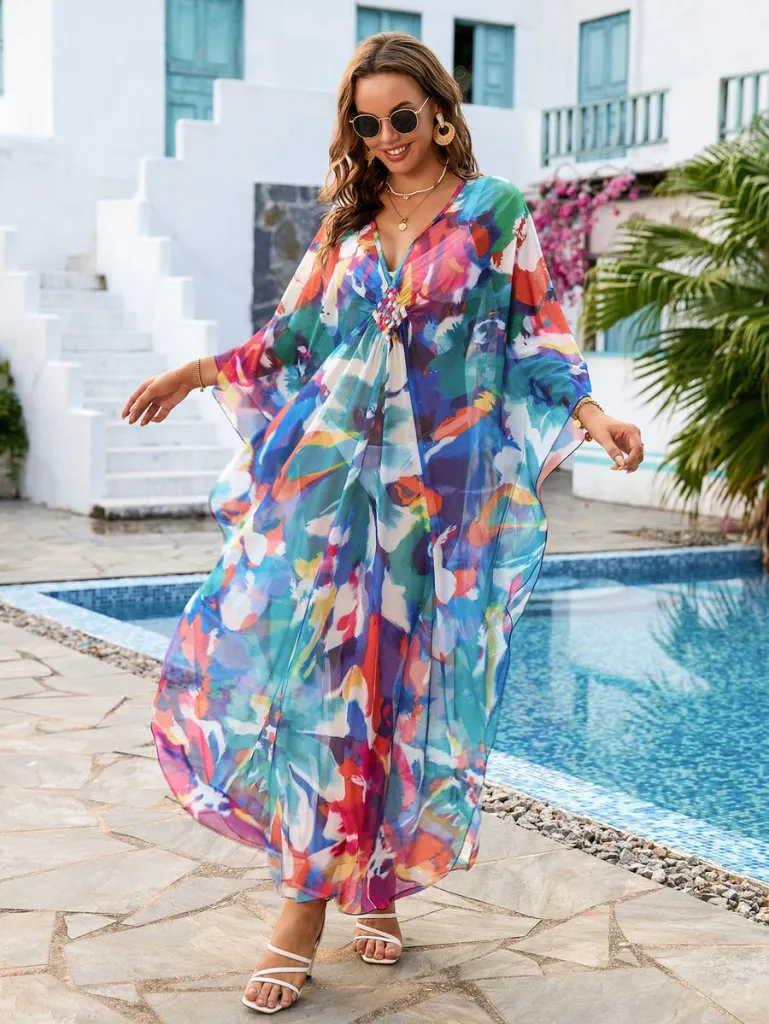 Flower Print Plus Size Kaftan Swimsuit Cover Up