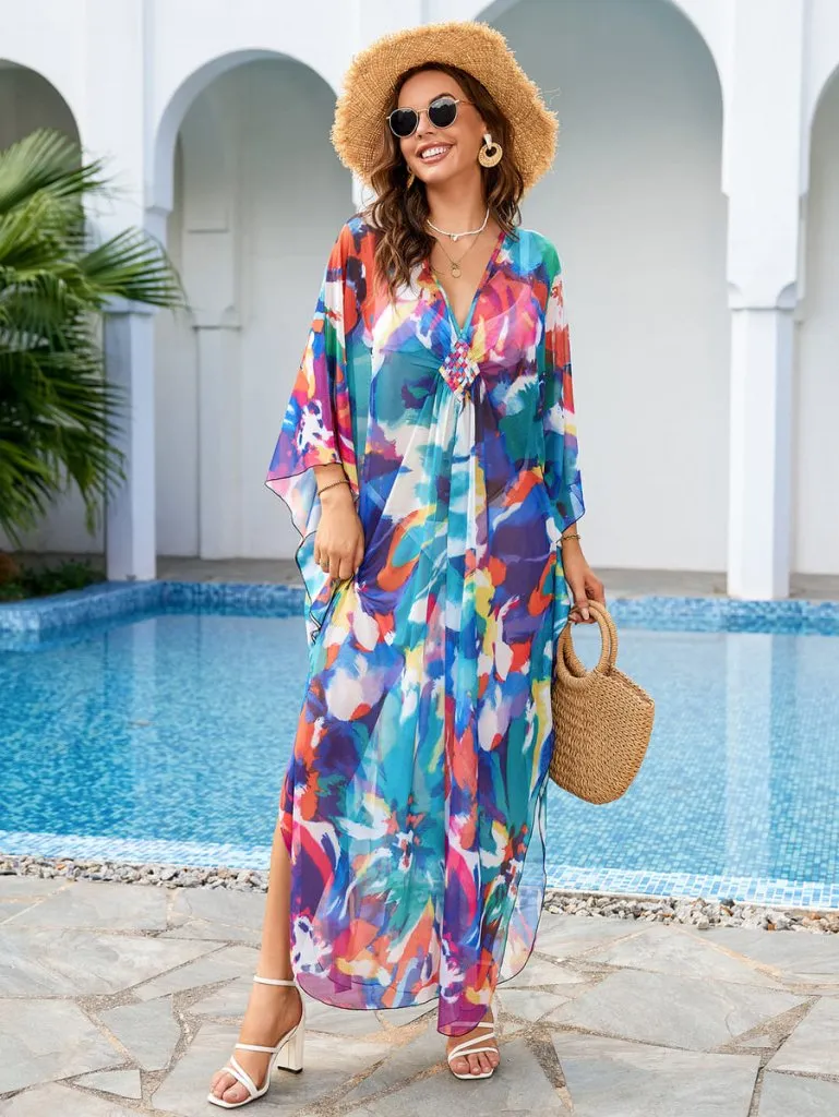 Flower Print Plus Size Kaftan Swimsuit Cover Up