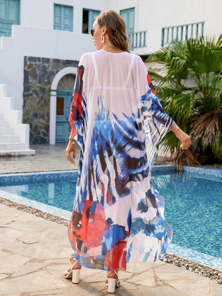 Flower Print Plus Size Kaftan Swimsuit Cover Up