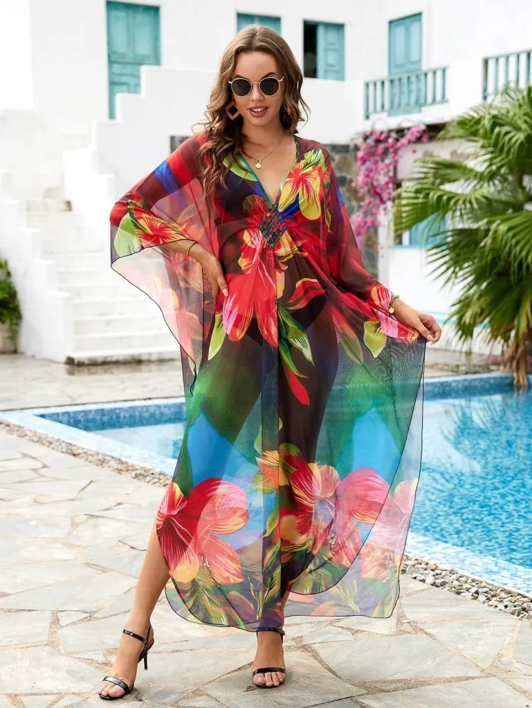 Flower Print Plus Size Kaftan Swimsuit Cover Up