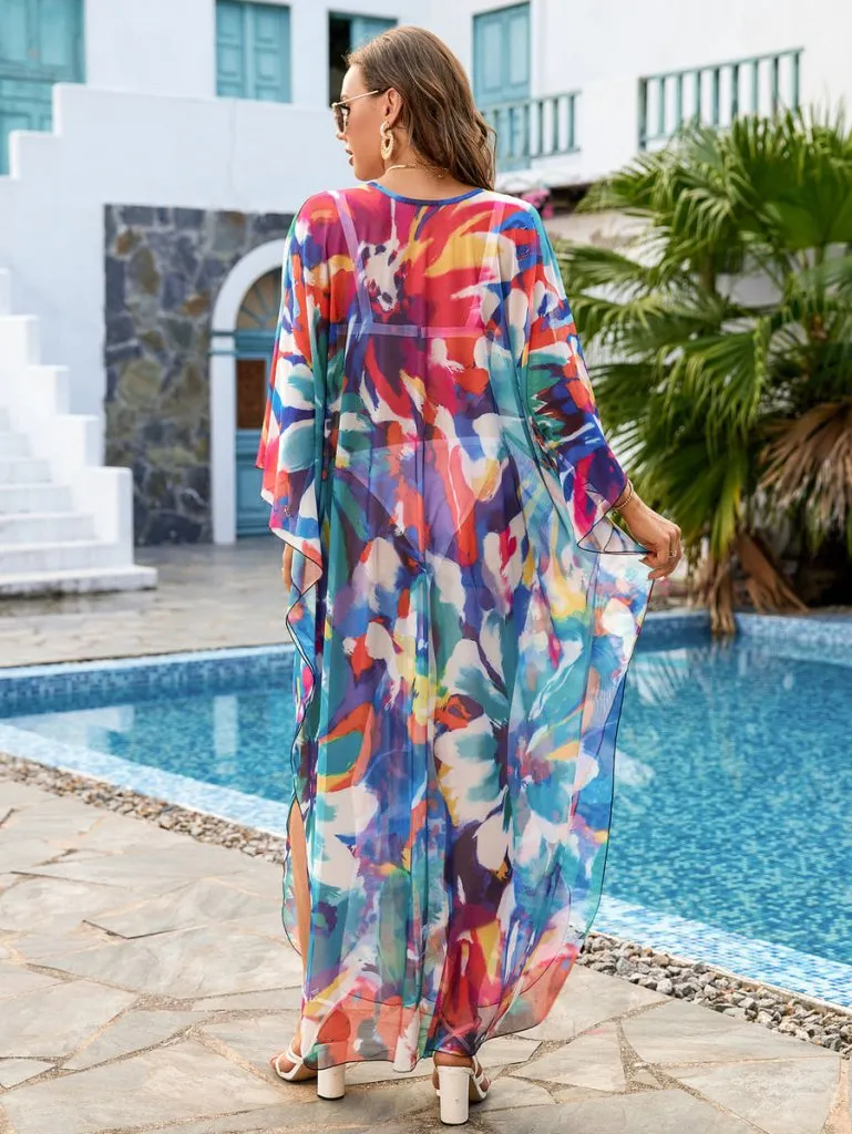 Flower Print Plus Size Kaftan Swimsuit Cover Up