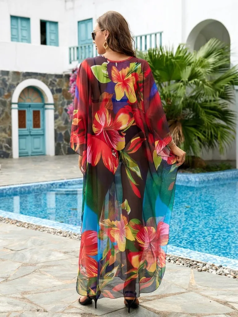 Flower Print Plus Size Kaftan Swimsuit Cover Up