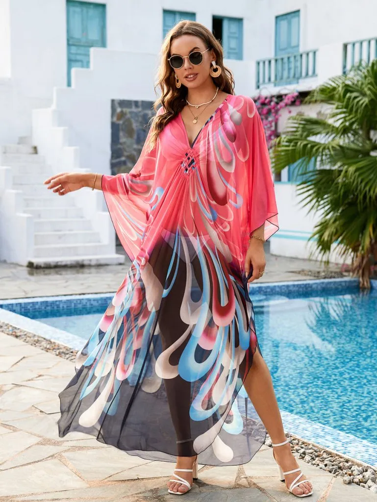 Flower Print Plus Size Kaftan Swimsuit Cover Up