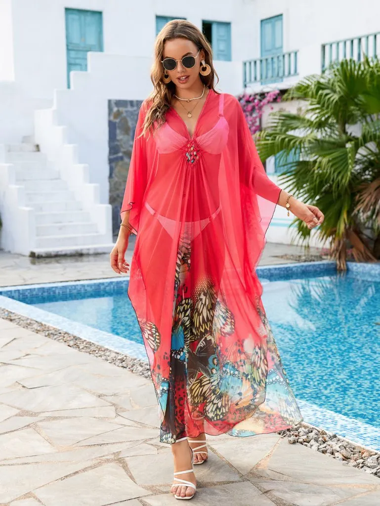 Flower Print Plus Size Kaftan Swimsuit Cover Up