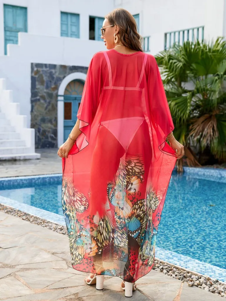 Flower Print Plus Size Kaftan Swimsuit Cover Up