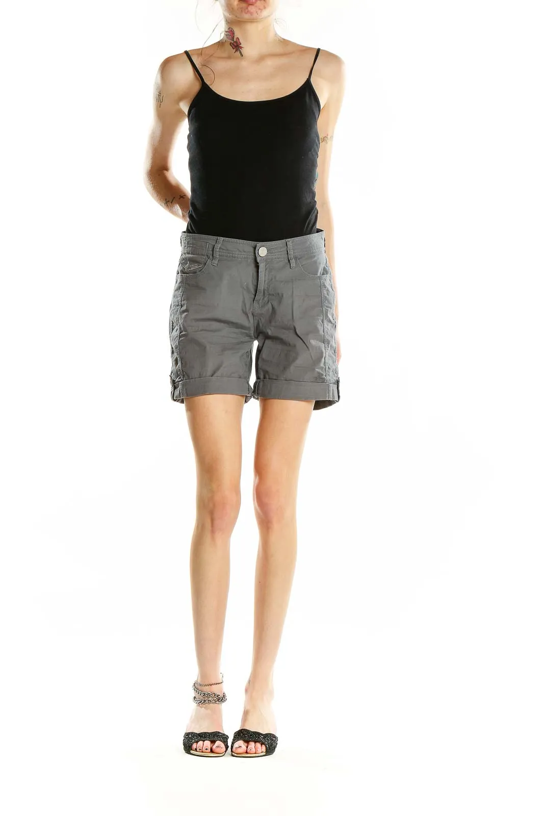Gray Cotton Blend Casual Shorts
