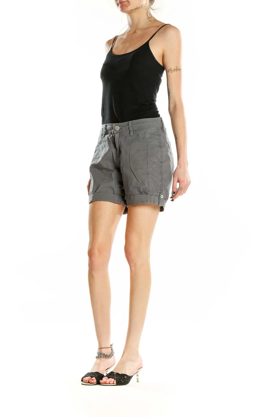 Gray Cotton Blend Casual Shorts