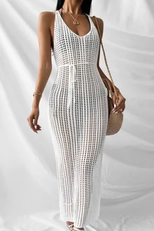 Hollow Out White Sleeveless Long Swimwear Cover Up