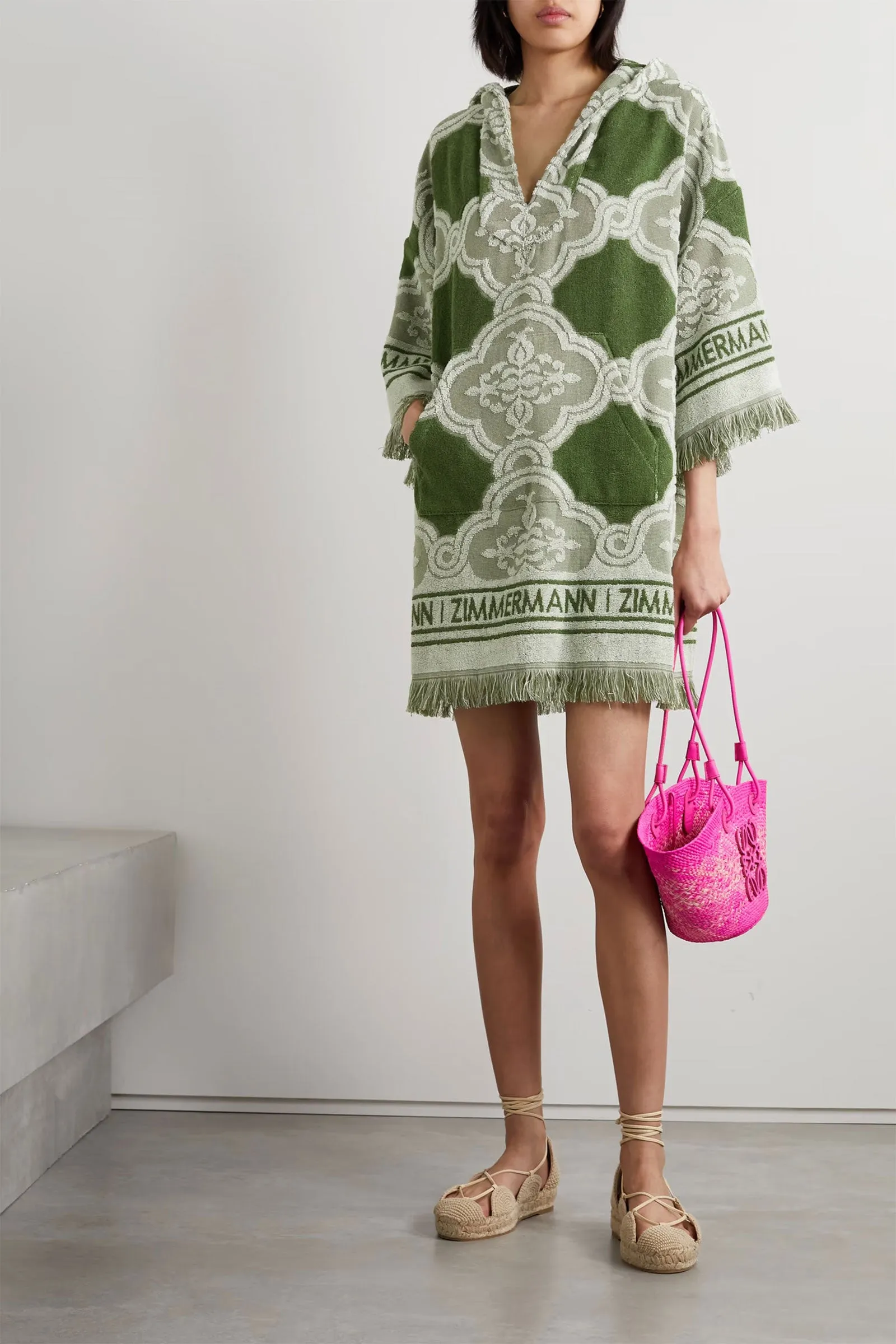 Hooded Fringed Cotton-terry Jacquard Coverup