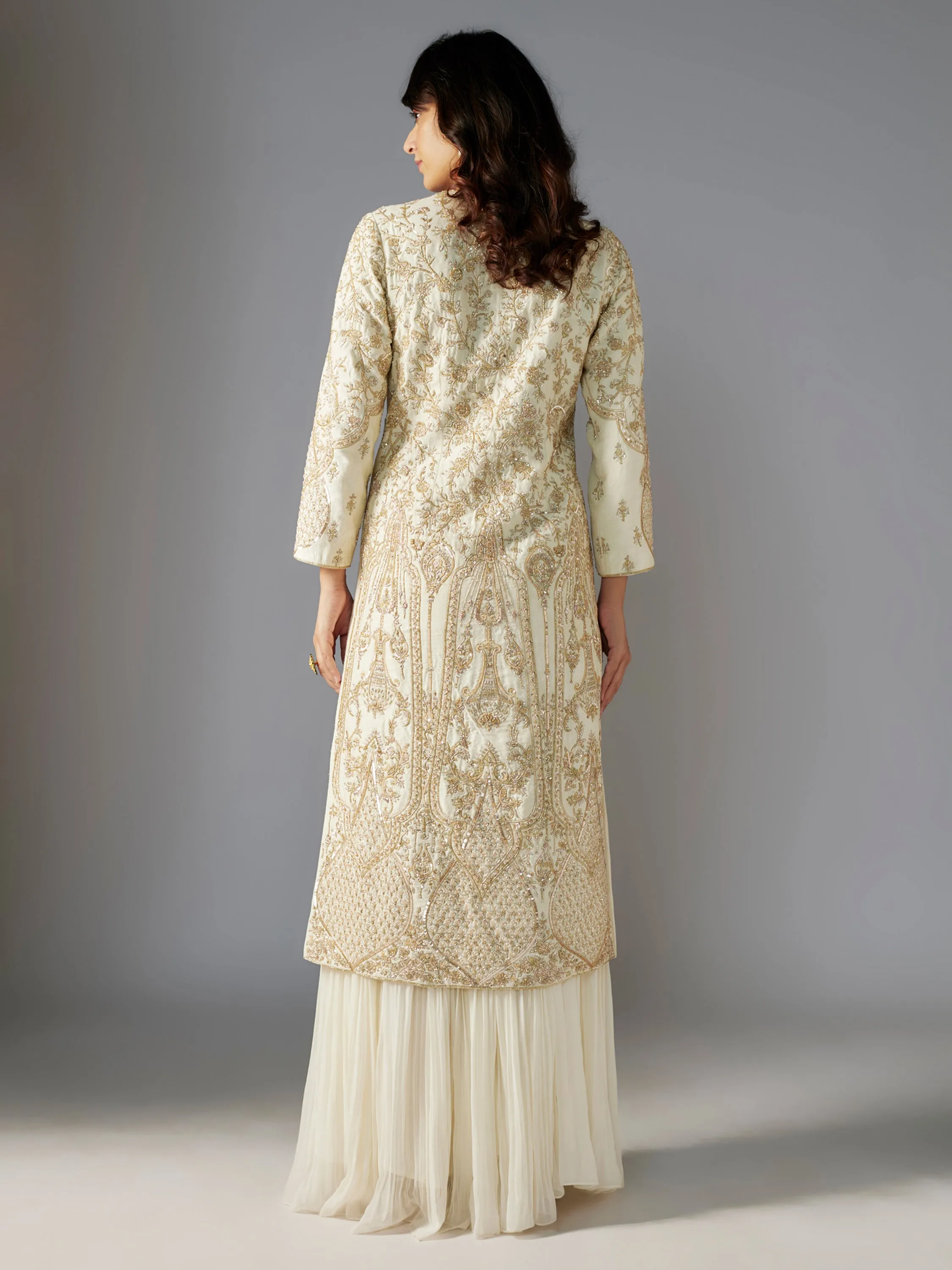 Ivory Hand Embroidered Long Jacket and Skirt Set