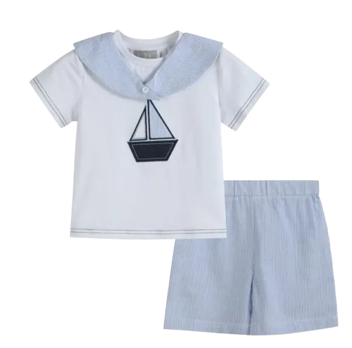 LC3806 - Lil Cactus White Sailboat Tee and Blue Seersucker Shorts Set