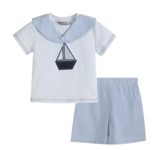 LC3806 - Lil Cactus White Sailboat Tee and Blue Seersucker Shorts Set
