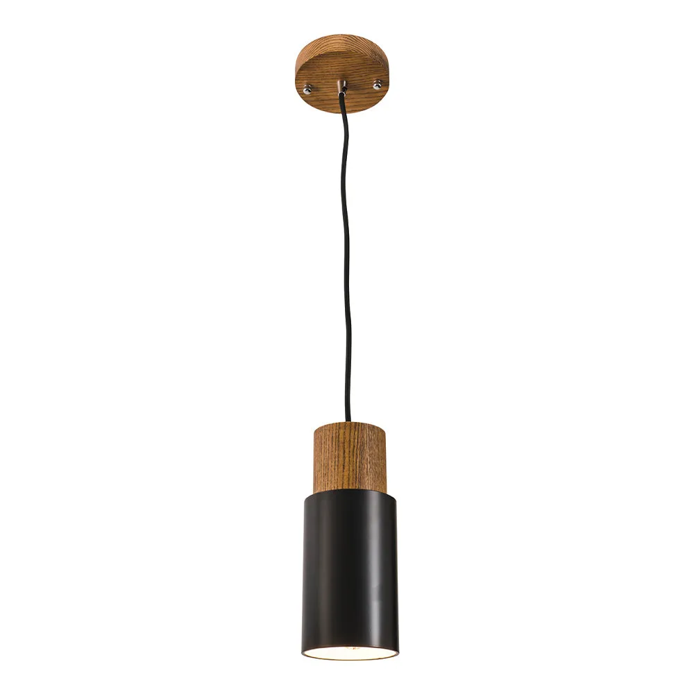 Lois Matt Black Metal and Timber Cylindrical Pendant