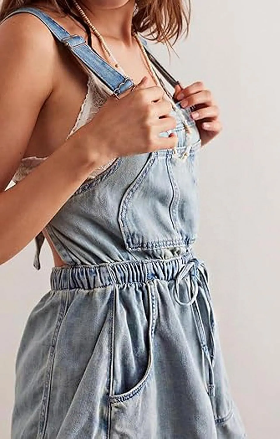 loveimgs Women Summer Cute Sleeveless Wide Leg Denim Romper Shorts Overall Flared Culottes Backless Straps Jean Jumpsuit Y2k