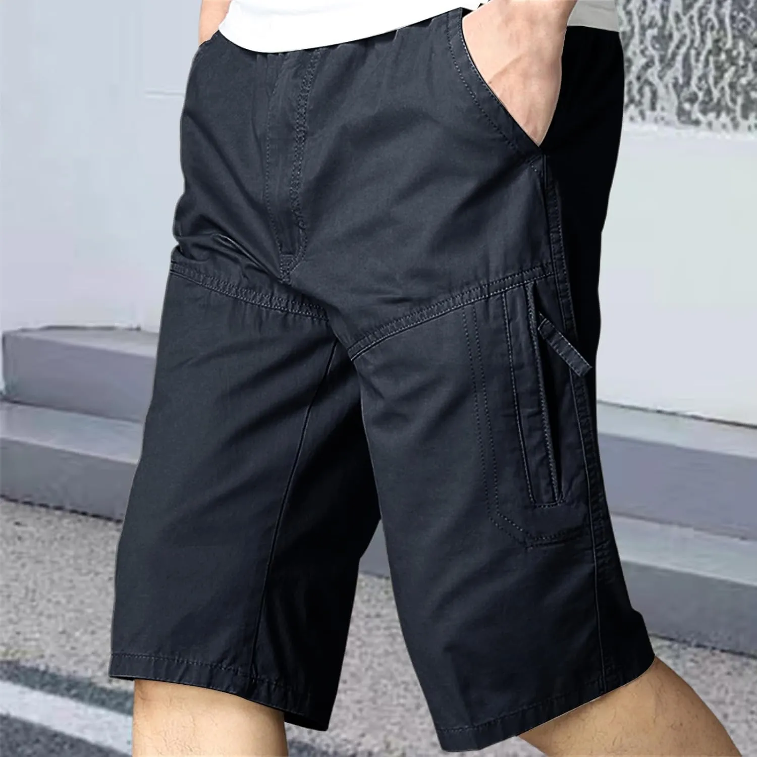 Mens Classic Solid Cargo Shorts Straight Leg Slim Fit Elastic Waist Pockets for Summer Work Casual