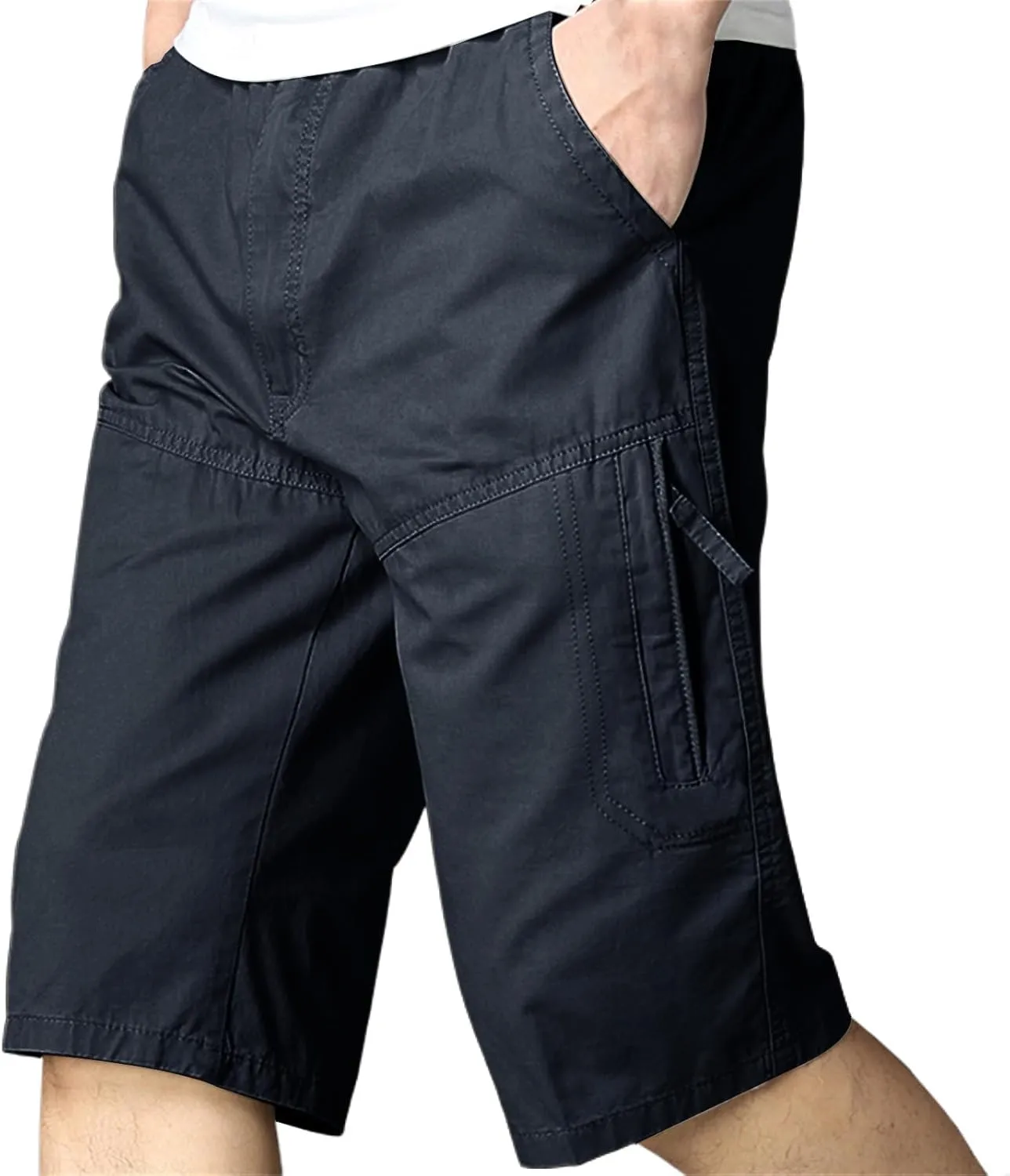 Mens Classic Solid Cargo Shorts Straight Leg Slim Fit Elastic Waist Pockets for Summer Work Casual