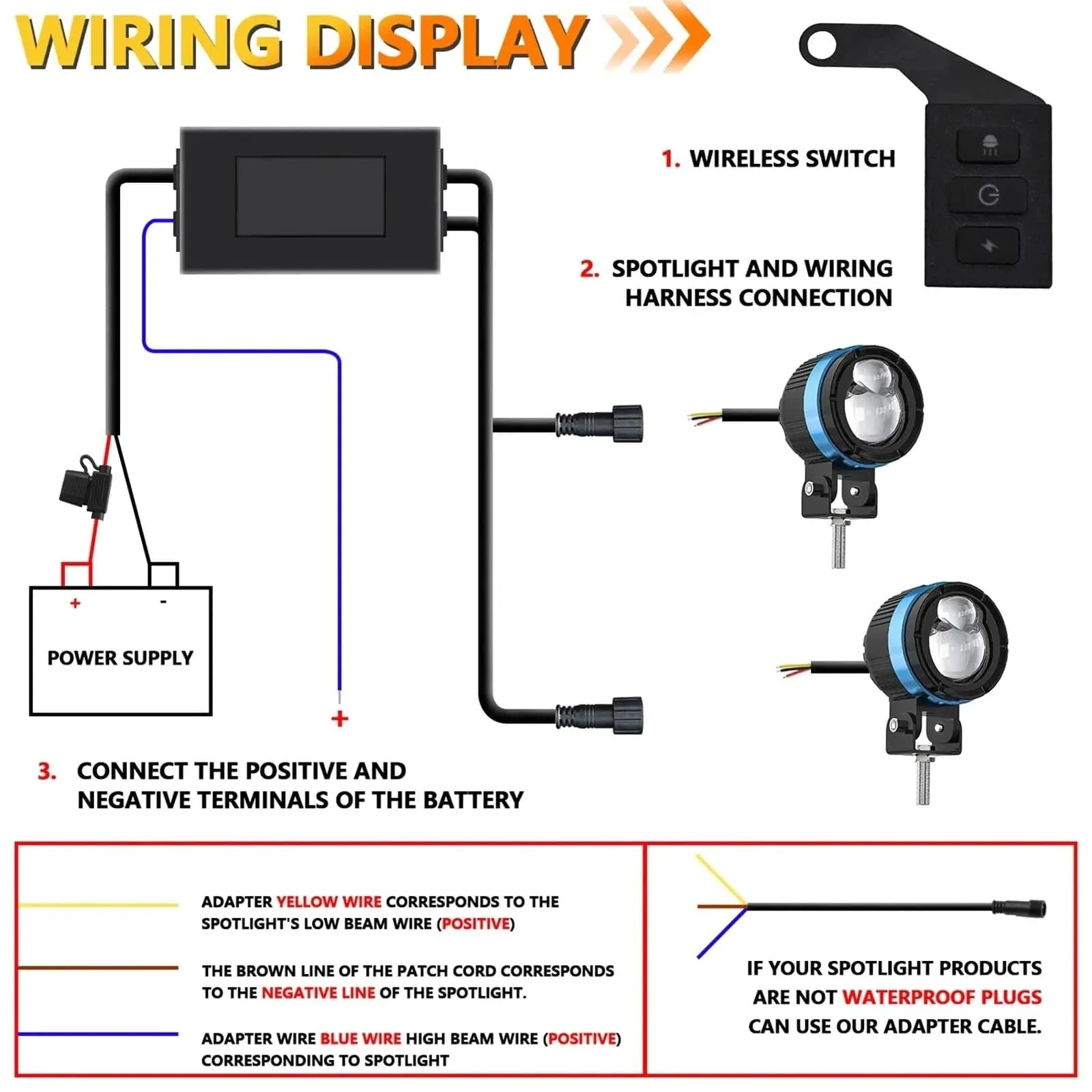 Motorcycle Wiring Harness Kit, 300W 16 AWG Waterproof Connector Wiring Harness Kit Motorcycle Spotlight Wiring Harness Kit