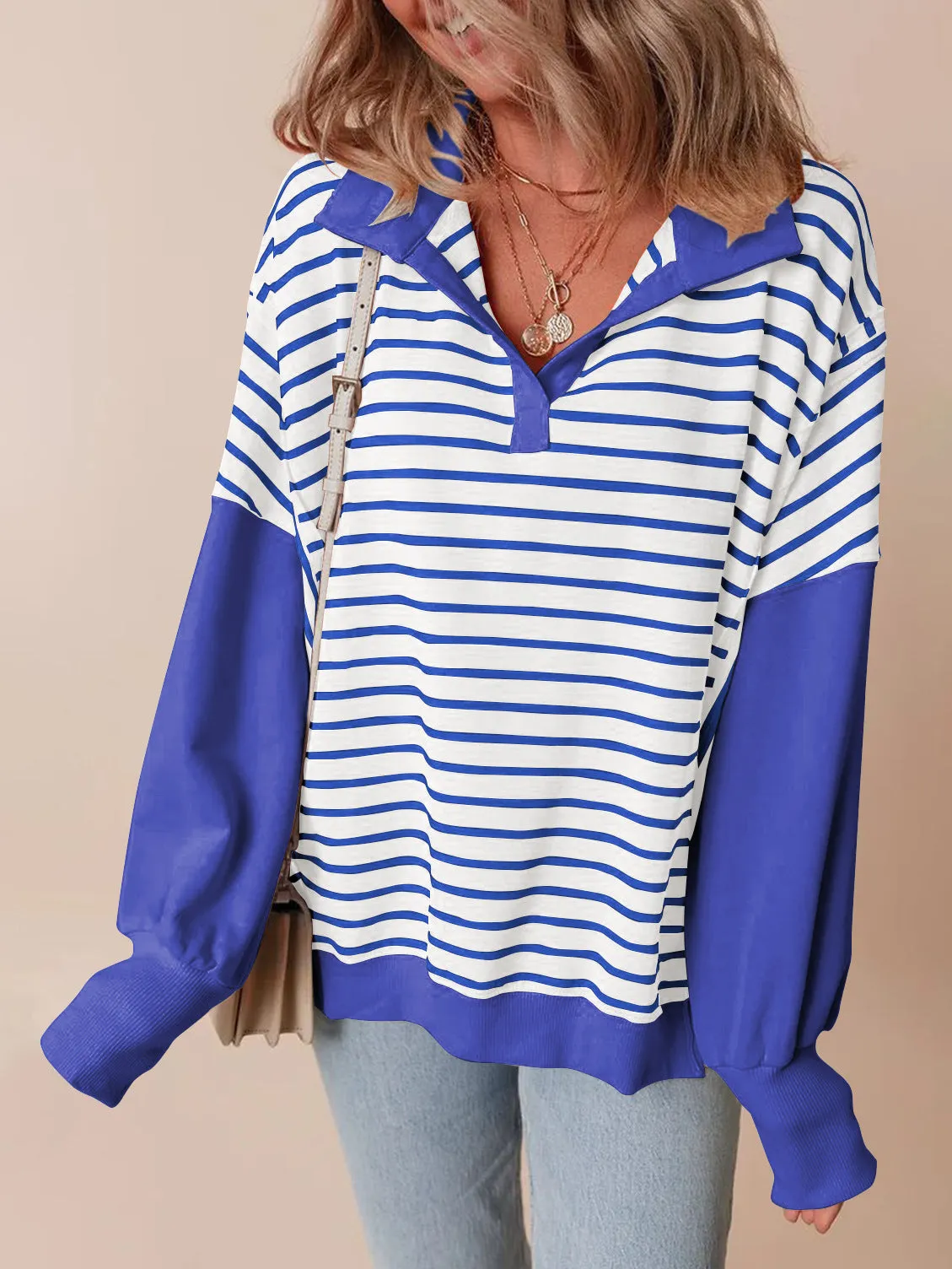 Oversized Color Blocking Striped Sweatshirt