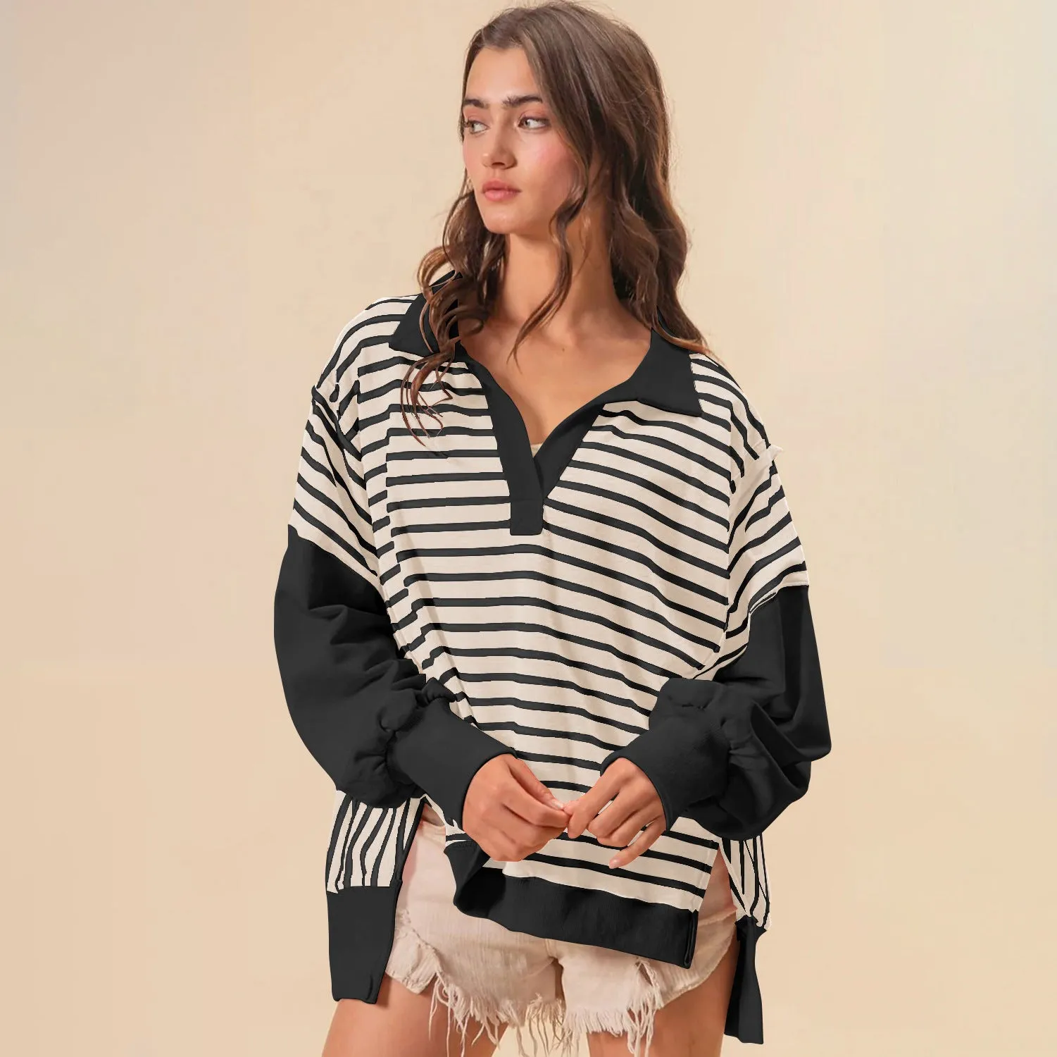Oversized Color Blocking Striped Sweatshirt