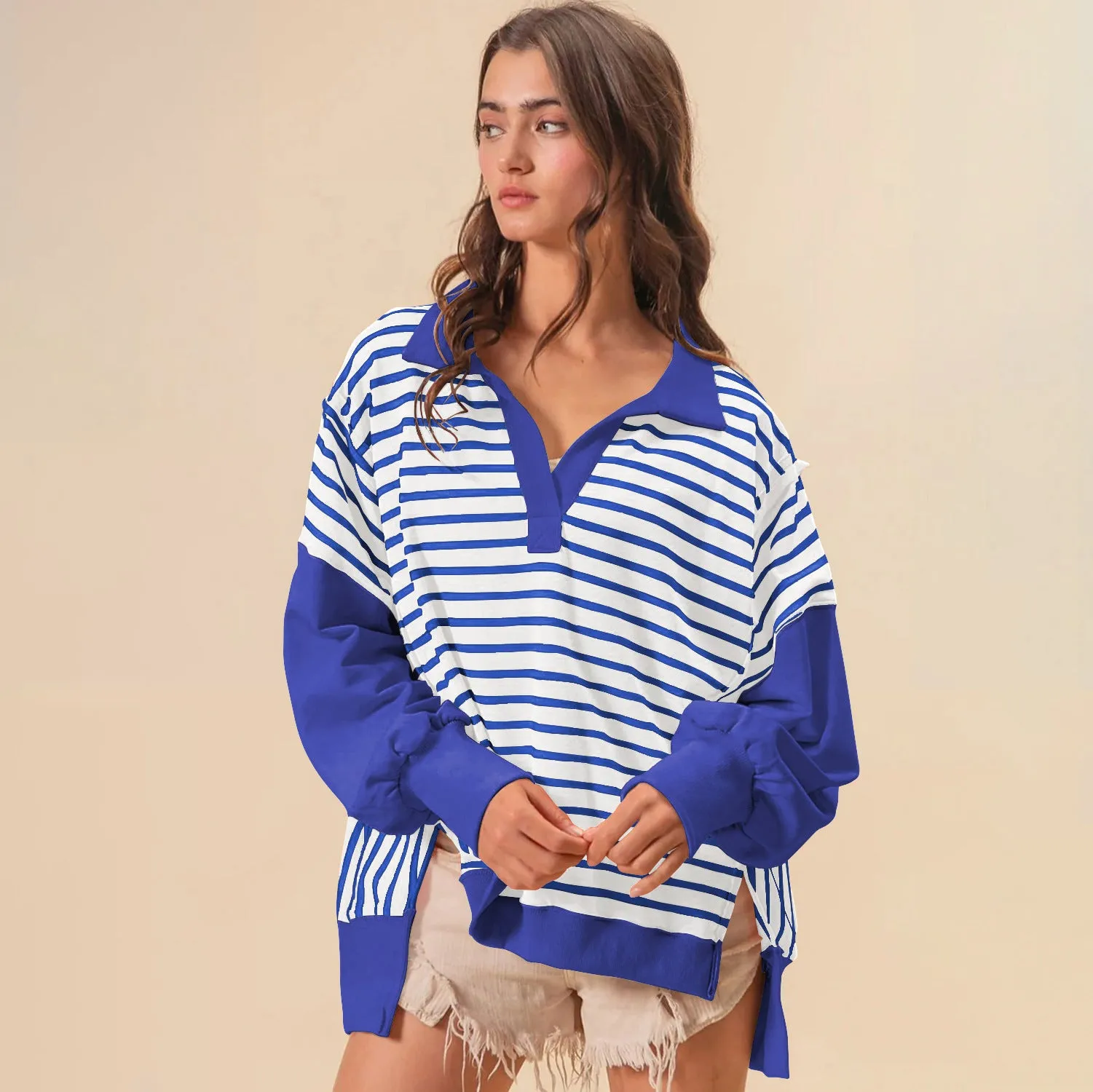 Oversized Color Blocking Striped Sweatshirt