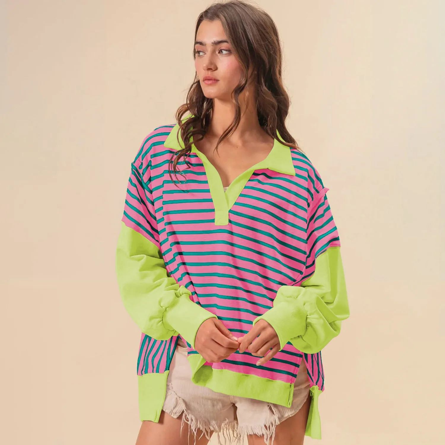 Oversized Color Blocking Striped Sweatshirt