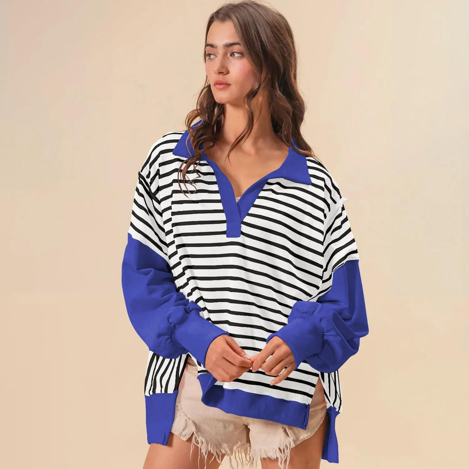 Oversized Color Blocking Striped Sweatshirt