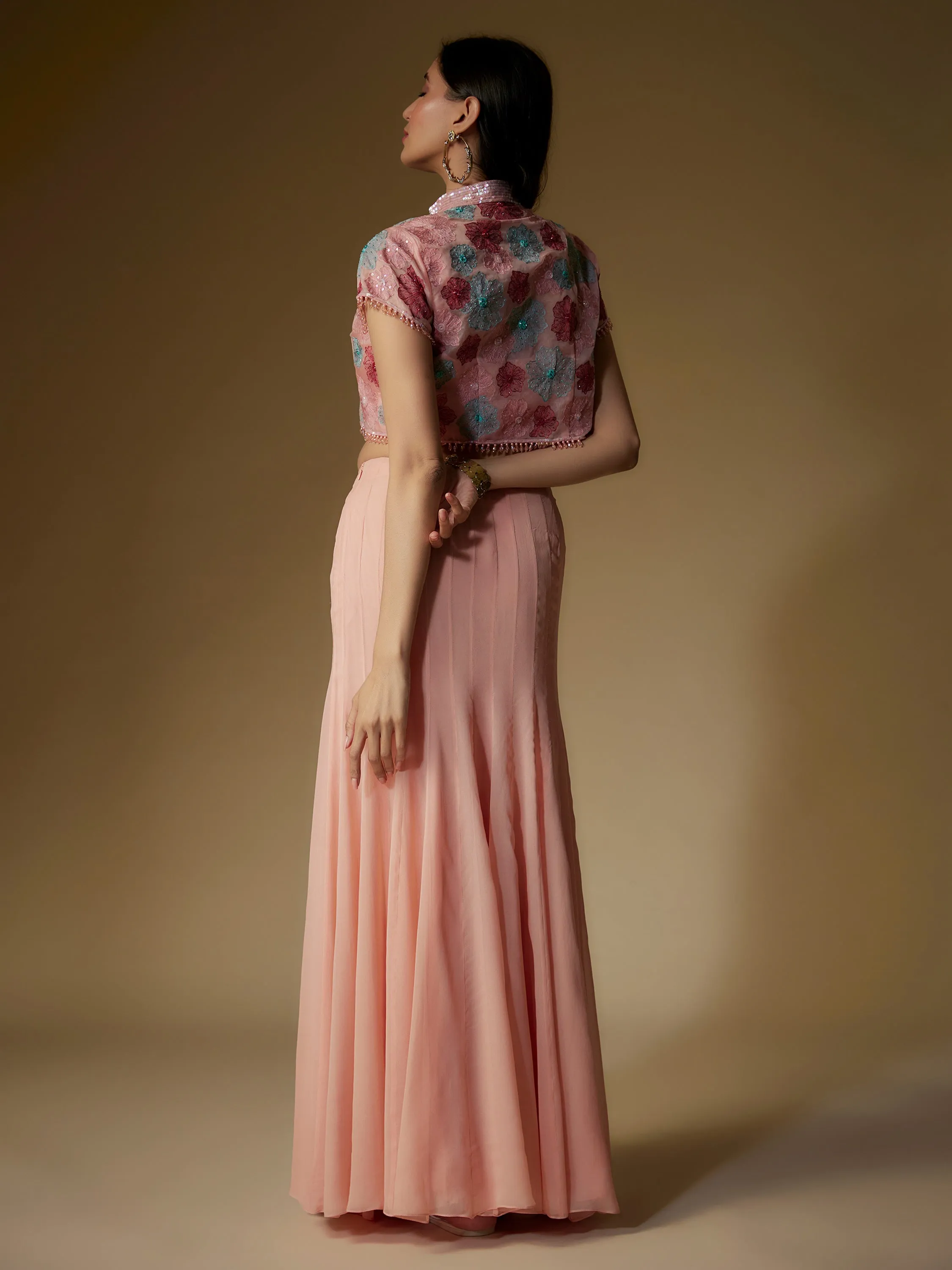 Peach Organza Embroidered Jacket and Skirt Set