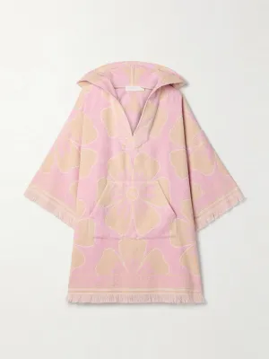 Pop hooded frayed cotton-terry floral-jacquard mini dress